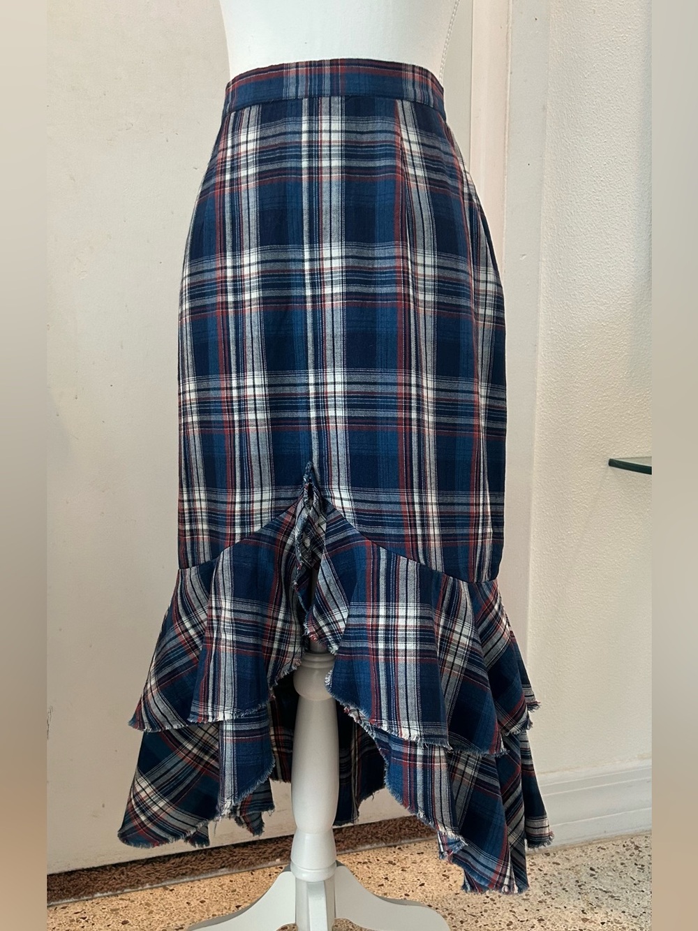 Reba Navy and Red Plaid High-Low Ruffle Skirt